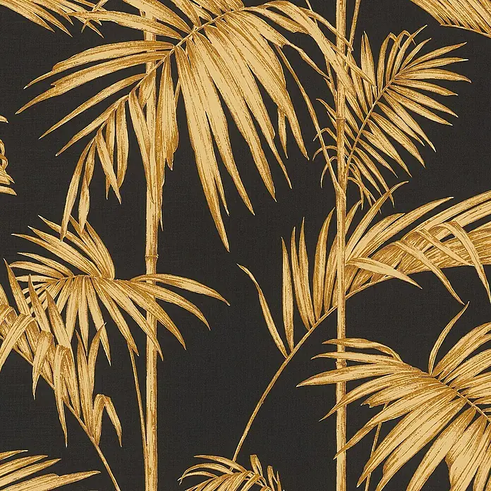 A.S. Création Metropolitan Stories Vliestapete Gräser - Schwarz/Gold, Floral, 10,05 x 0,53 m - Elegante Tapete mit goldenen Palmenblättern auf dunklem Grund. Ein stilvolles Muster für moderne Wohnräume mit tropischem Flair.