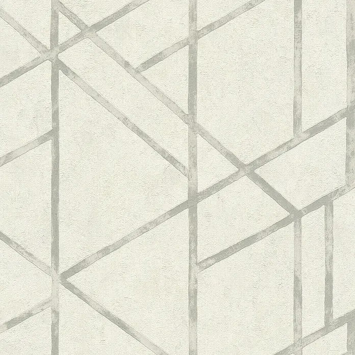 A.S. Création Metropolitan Stories Vliestapete Geometrie - Weiß/Grau, Grafisch, 10,05 x 0,53 m - Eine Nahaufnahme einer strukturierten, cremefarbenen Tapete mit einem geometrischen Muster aus grauen Linien.