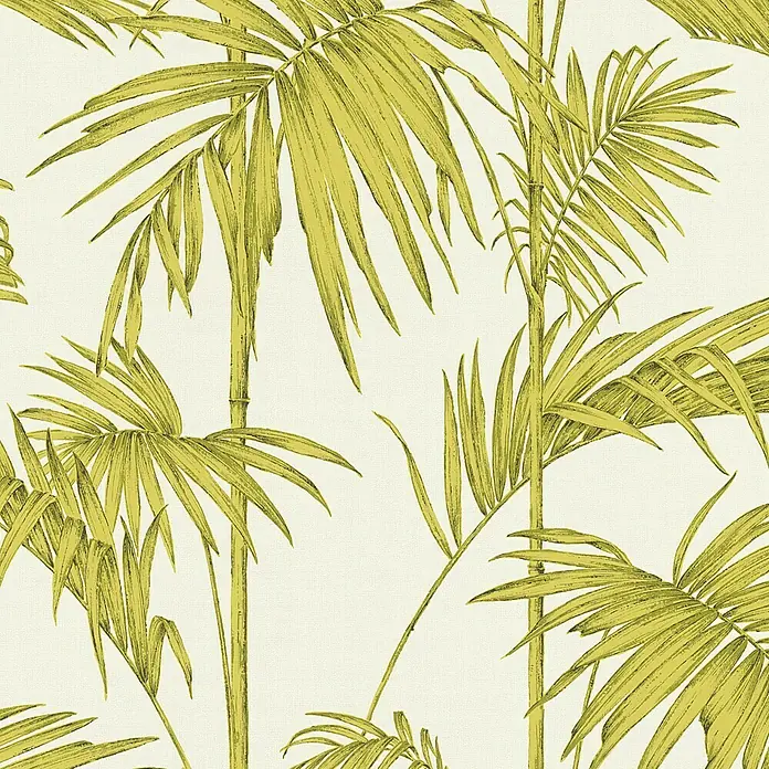 A.S. Création Metropolitan Stories Vliestapete Gräser - Creme/Grün, Floral, 10,05 x 0,53 m - Detailaufnahme eines tropischen Palmenblatt-Tapetenmusters in warmen Gelbtönen auf hellem Grund, das eine exotische Atmosphäre schafft.