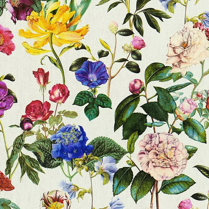 A.S. Création Trendwall Vliestapete Blumenwiese - Bunt/Weiß, Floral, 10,05 x 0,53 m - Das Bild zeigt ein florales Muster mit verschiedenen Blumenarten in lebendigen Farben auf hellweißem Grund.