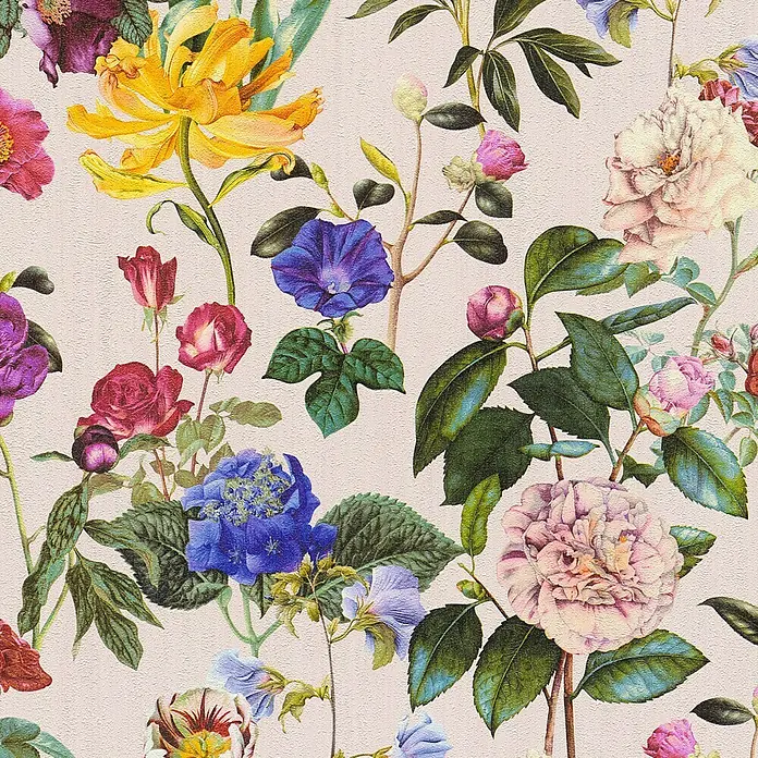 A.S. Création Trendwall Vliestapete Blumenwiese - Bunt/Rosé, Floral, 10,05 x 0,53 m - Detailansicht eines floralen Musters mit Rosen, Hortensien und Kamelien auf einem hellen Hintergrund. Perfekt für Textilien und Tapeten.