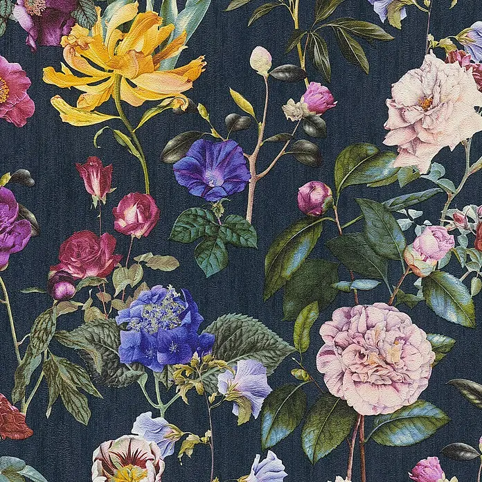 A.S. Création Trendwall Vliestapete Blumenwiese - Bunt/Blau, Floral, 10,05 x 0,53 m - Floraldesign mit Rosen, Hortensien und Lilien in verschiedenen Farben auf dunklem Grund. Detailreiches Muster für elegante Designs.