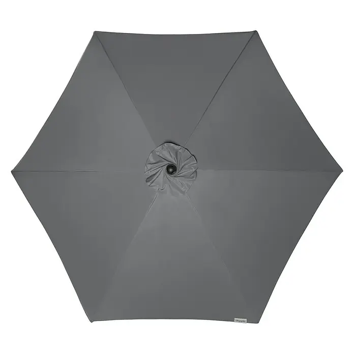 Doppler Active Marktschirm rund Auto Tilt - Anthrazit, Durchmesser Bespannung: 320 cm - Nahaufnahme eines grauen Sonnenschirms mit zentraler Rosette und hexagonalem Design, ideal für den stilvollen Sonnenschutz im Freien.