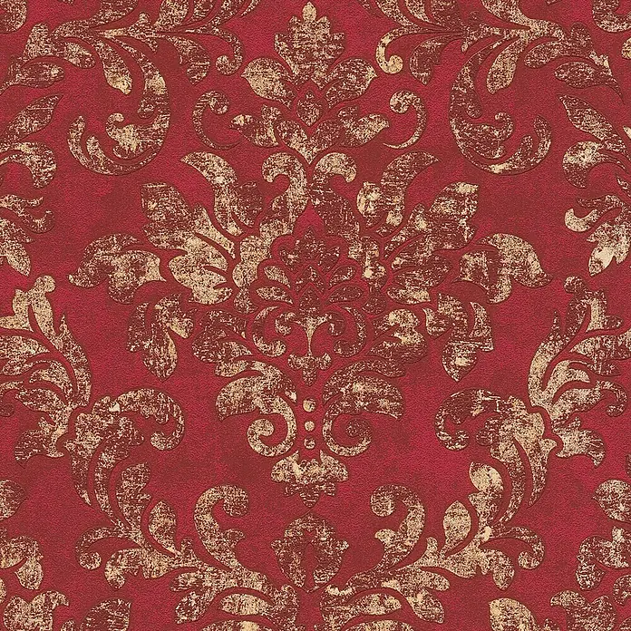 A.S. Création Neue Bude 2.0 ED II Vliestapete Damask - Rot/Gold, Ornament, 10,05 x 0,53 m - Roter Damast-Hintergrund mit goldenen Ornamenten für luxuriöse Wandgestaltung.
