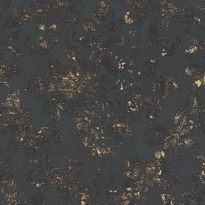 A.S. Création Neue Bude 2.0 ED II Vliestapete Damask - Schwarz/Gold, Ornament, 10,05 x 0,53 m - Elegantes Wandbild mit einem dunklen, floralen Muster und goldenen Akzenten, das jedem Raum einen Hauch von Luxus und Vintage-Charme verleiht.