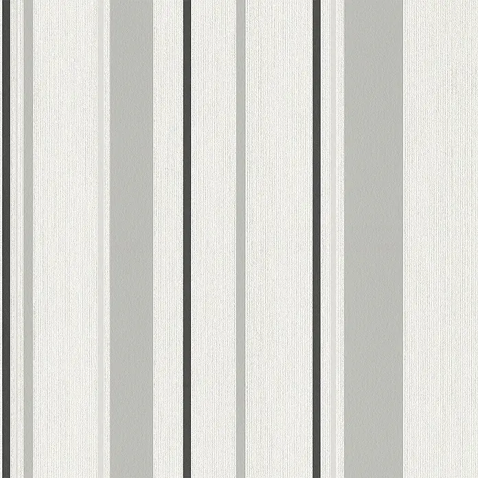 Rasch Rock'n Rolle Vliestapete Stripes - Weiß/Grau/Schwarz, Streifen, 10,05 x 0,53 m - Vertikale Streifen Tapete in verschiedenen Grautönen und Weiß, die ein modernes und stilvolles Design für jeden Raum bietet.