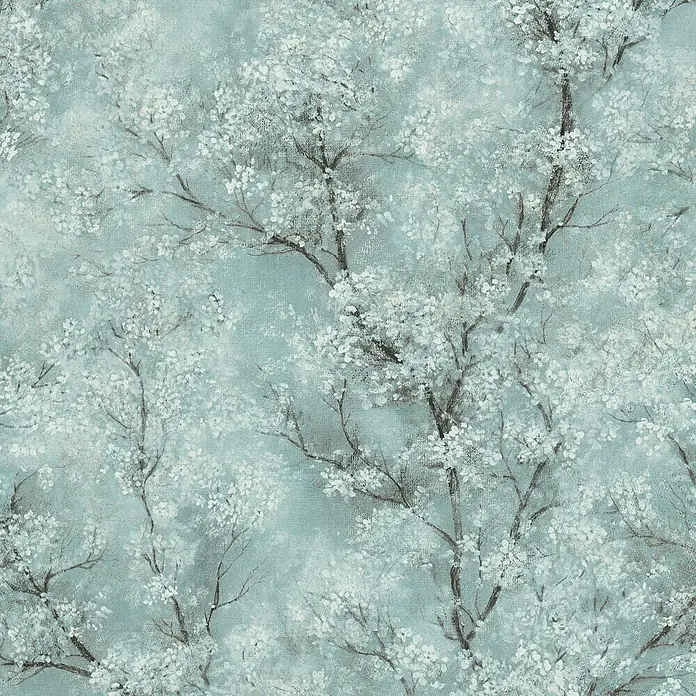 A.S. Création New Walls Vliestapete Bäume - Blau/Grün, Floral, 10,05 x 0,53 m - Elegante Tapete mit einem zarten Muster von blühenden Bäumen in sanften Blautönen, ideal für eine ruhige Raumatmosphäre.