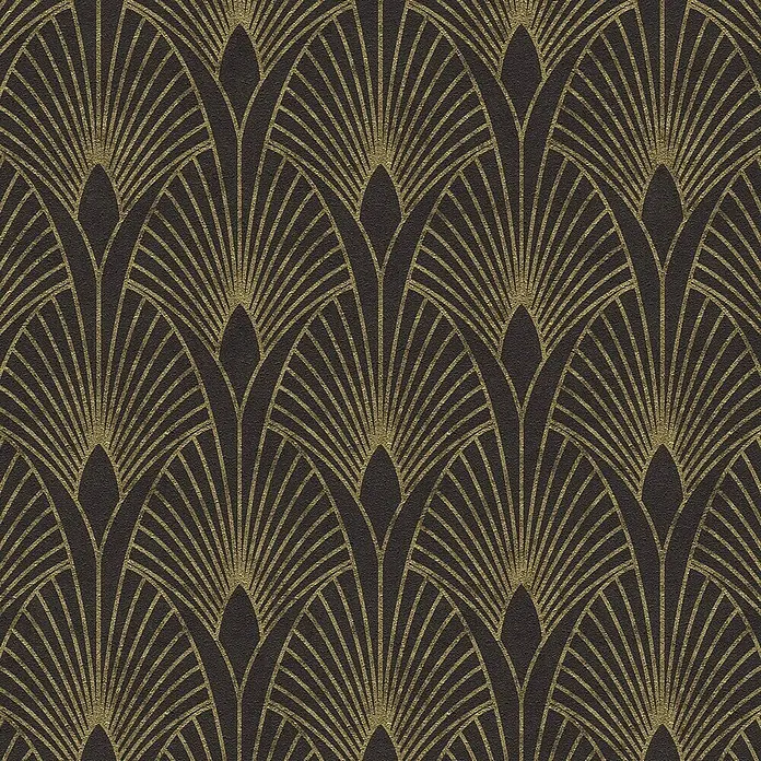 A.S. Création New Walls Vliestapete Art Deco - Schwarz/Gold, Grafisch, 10,05 x 0,53 m - Ein luxuriöses Art-Deco-Muster in Gold auf dunklem Hintergrund, ideal für stilvolle Akzente.