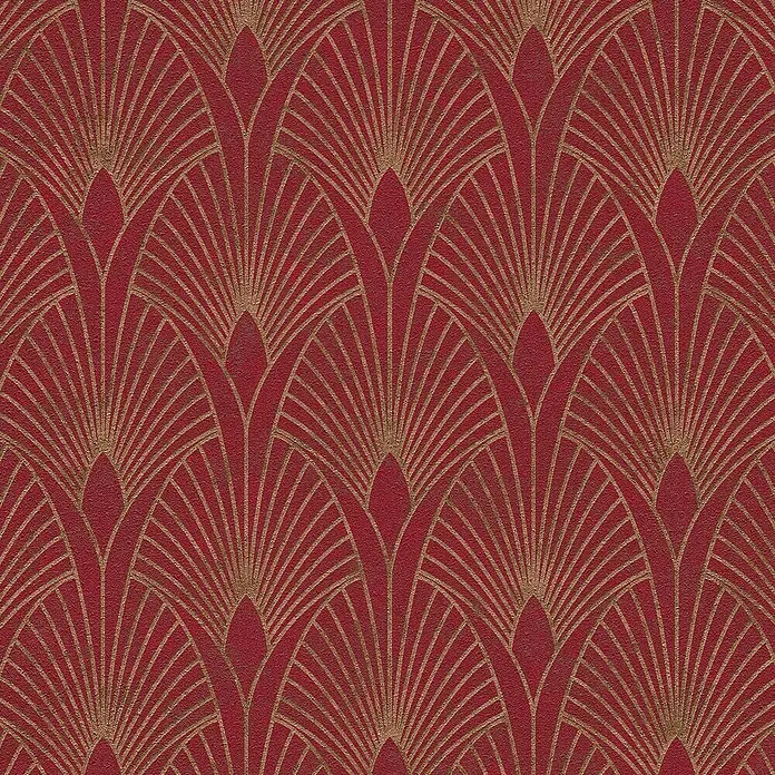 A.S. Création New Walls Vliestapete Art Deco - Rot/Gold, Grafisch, 10,05 x 0,53 m - Elegante Tapete mit Art-Deco-Muster. Ein tiefroter Hintergrund wird durch goldene Fächerlinien akzentuiert und verleiht jedem Raum Glamour.