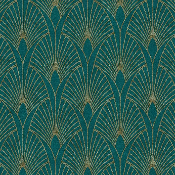A.S. Création New Walls Vliestapete Art Deco - Grün/Gold, Grafisch, 10,05 x 0,53 m - Detailansicht eines stilvollen Art Deco-Tapetenmusters mit goldenen Fächern auf petrolfarbenem Grund. Die Tapete verleiht jedem Raum einen luxuriösen Touch.