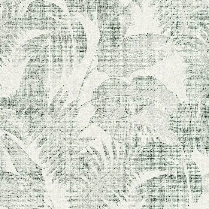 A.S. Création New Walls Vliestapete Dschungel - Grün/Weiß, Floral, 10,05 x 0,53 m - Ein Stoffmuster mit tropischen Blättern in sanften Grün- und Weißtönen, ideal für stilvolle und natürliche Wohnraumgestaltung.