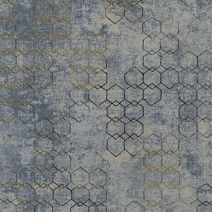A.S. Création New Walls Vliestapete Grafik - Grau/Blau/Braun, Grafisch, 10,05 x 0,53 m - Abstrakte Tapete mit geometrischen Gold- und Schwarztönen auf strukturiertem, blau-grauem Hintergrund für modernes Wohnambiente.