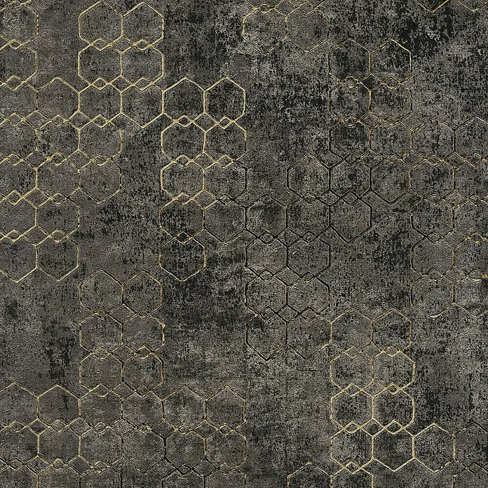 A.S. Création New Walls Vliestapete Grafik - Anthrazit/Gold, Grafisch, 10,05 x 0,53 m - Abstraktes Tapetenmuster mit goldenen Hexagonen auf dunklem, strukturiertem Hintergrund, ideal für moderne Innenräume.