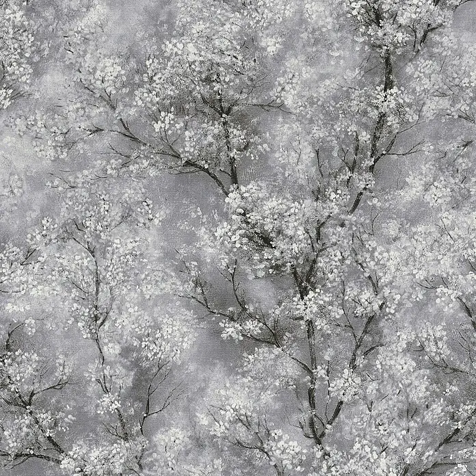 A.S. Création New Walls Vliestapete Bäume - Grau, Floral, 10,05 x 0,53 m - Elegante Tapete mit zarten weißen Blütenzweigen auf grauem Hintergrund, ideal für eine stilvolle Raumgestaltung.