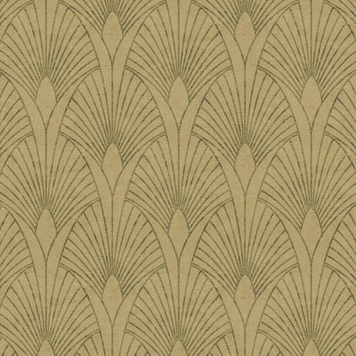 A.S. Création New Walls Vliestapete Art Deco - Gold, Grafisch, 10,05 x 0,53 m - Ein detailreiches Bild von Tapeten mit einem Art-Deco-Fächer-Muster in sanften Gold- und Beigetönen.