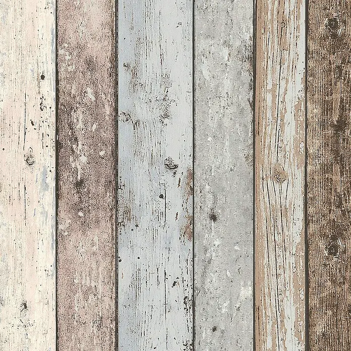 A.S. Création Elements Vliestapete - Braun/Blau/Beige, Holzoptik, 10,05 x 0,53 m - Diese Tapete imitiert perfekt die Optik von verwittertem Holz mit ihren verschiedenen Farben und Texturen, die eine rustikale Atmosphäre schaffen.