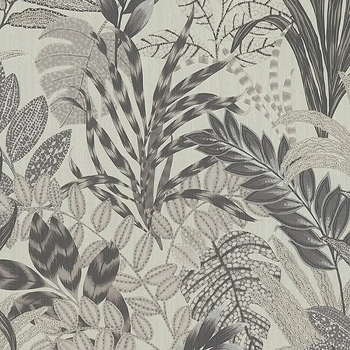 A.S. Création Metropolitan Stories II Vliestapete Blätter - Grau, Floral, 10,05 x 0,53 m - Elegantes Blattmuster in Grautönen. Das Muster besteht aus einer Vielzahl von Blättern in unterschiedlichen Formen und Größen, die ein üppiges, natürliches Design ergeben.