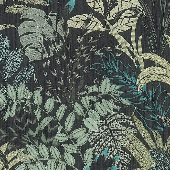 A.S. Création Metropolitan Stories II Vliestapete Blätter - Schwarz, Floral, 10,05 x 0,53 m - Eine Nahaufnahme eines floralen Tapetenmusters mit großen Blättern und Pflanzen in Blau-, Grün- und Grautönen auf dunklem Hintergrund.