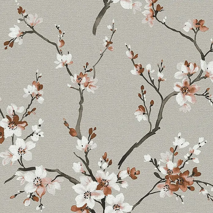 A.S. Création Desert Lodge Vliestapete Blütenranken - Grau/Rosè, Floral, 10,05 x 0,53 m - Elegantes Hintergrundbild mit Kirschblütenzweigen in Weiß und Braun auf sanft grauem Grund, ideal für stilvolle Akzente im Raum.