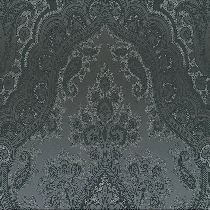 A.S. Création My Home My Spa Vliestapete Damask Paisley - Schwarz, Ornament, 10,05 x 0,53 m - Detailaufnahme einer dunklen Tapete mit silberfarbenem, orientalisch anmutendem Paisley-Muster für eine elegante Wandgestaltung.