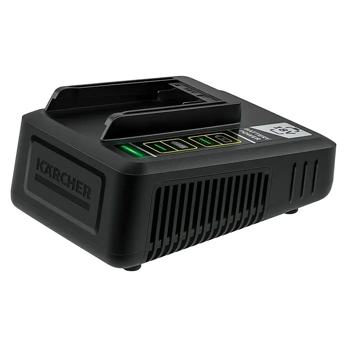 Kärcher Schnellladegerät Battery Power 18 V - Passend für: Kärcher Li-Ionen-Akkus 18 V Battery Power - Abbildung eines Kärcher-Akkuladegeräts in Schwarz, das zum Aufladen von Akkus verwendet wird.\n