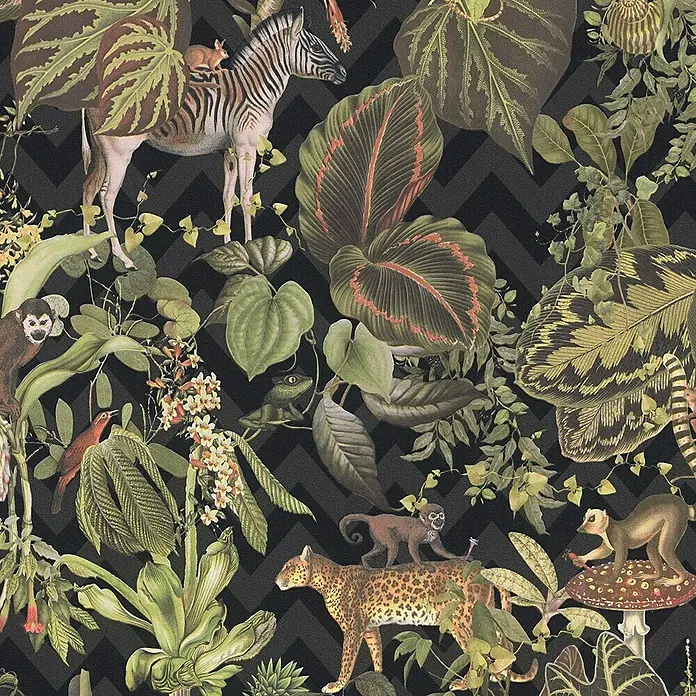 A.S. Création Michalsky 4 Vliestapete Dschungel - Schwarz, Tieroptik, 10,05 x 0,53 m - Dschungel-Tapete mit Zebra, Leopard und Affen.
