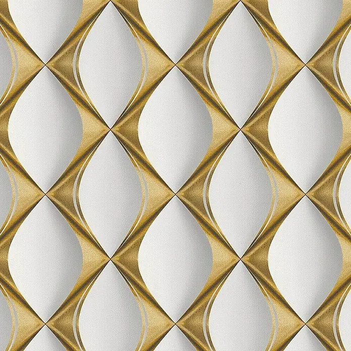 A.S. Création My Home My Spa Vliestapete Lederoptik - Grau/Gold, 3D-Optik, 10,05 x 0,53 m - Nahtloses gold-weißes 3D-Geometermuster mit ineinandergreifenden Rauten und geschwungenen Formen.