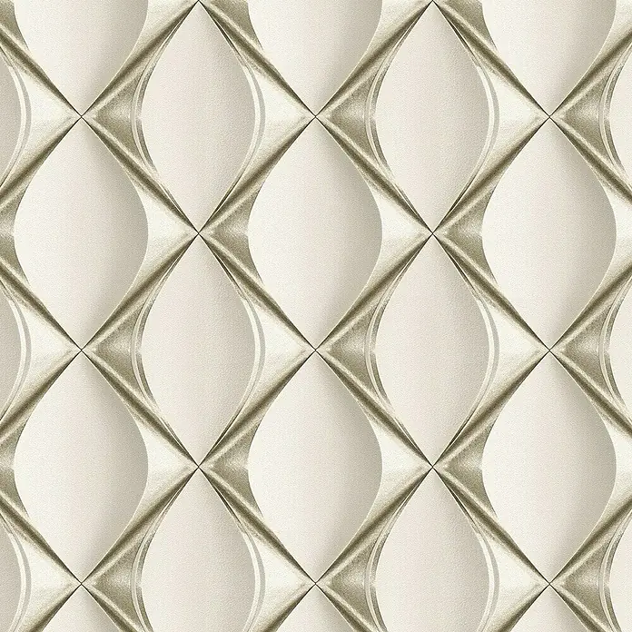 A.S. Création My Home My Spa Vliestapete Lederoptik - Grau, 3D-Optik, 10,05 x 0,53 m - Nahaufnahme eines cremefarbenen Tapetenmusters mit einem erhabenen, geometrischen Design aus Rauten und Ellipsen, das eine elegante Textur bietet.