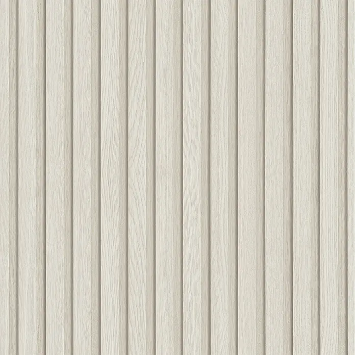 Marburg Botanica Vliestapete Wandpaneele - Beige, Holzoptik, 10,05 x 0,53 m - Detailaufnahme einer Wandverkleidung aus hellen Holzpaneelen mit vertikalen Rillen, die eine moderne, texturierte Oberfläche erzeugen.