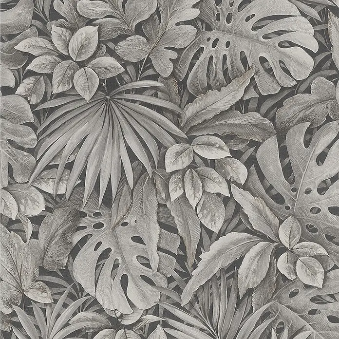 Marburg Botanica Vliestapete - Braun, Floral, 10,05 x 0,53 m - Graues Dschungeltapetenmuster mit großen Blättern und tropischen Pflanzen, die eine üppige und exotische Atmosphäre schaffen.