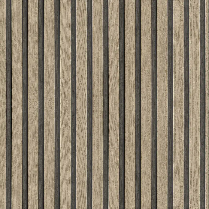 Marburg Botanica Vliestapete Wandpaneele - Braun/Schwarz, Holzoptik, 10,05 x 0,53 m - Das Bild zeigt eine Wandverkleidung mit hellen Holzpaneelen, die durch dunkle vertikale Streifen voneinander getrennt sind, was einen modernen Akzent setzt.