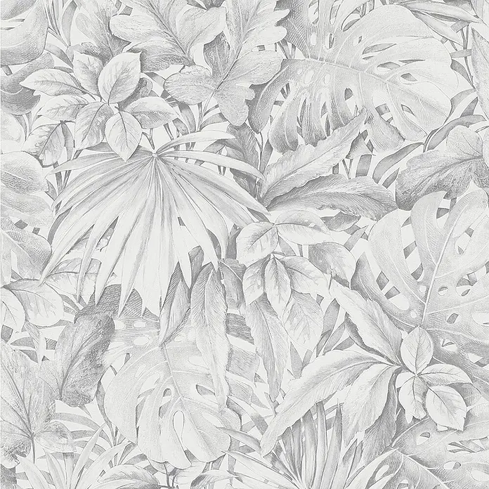 Marburg Botanica Vliestapete - Hellgrau, Floral, 10,05 x 0,53 m - Graues Blätter Tapetenmuster für Wohnräume. Das Design zeigt eine Vielzahl von tropischen Blättern in Graustufen.