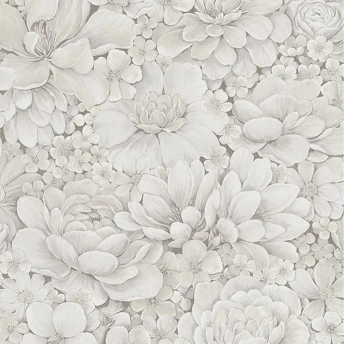 Marburg Botanica Vliestapete - Greige, Floral, 10,05 x 0,53 m - Ein detailreiches florales Muster in Weiß und Grautönen, das eine elegante und ruhige Atmosphäre ausstrahlt. Ideal für stilvolle Dekorationen.