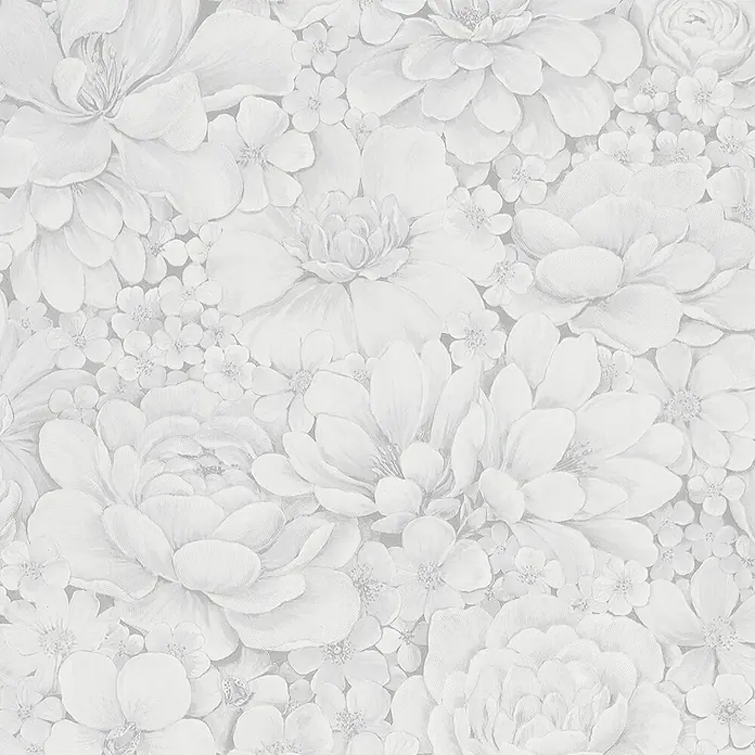 Marburg Botanica Vliestapete - Weiß/Grau, Floral, 10,05 x 0,53 m - Ein detailreiches, monochromatisches florales Muster mit verschiedenen Blüten, das eine ruhige und elegante Atmosphäre erzeugt.