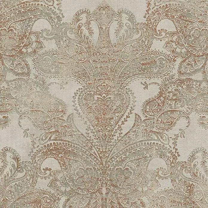 A.S. Création Metropolitan Stories Travel Styles Vliestapete Damask - Sand/Orange, Ornament, 10,05 x 0,53 m - Tapete mit Paisleymuster in Rostbraun und mattem Grau auf cremefarbenem strukturiertem Hintergrund.