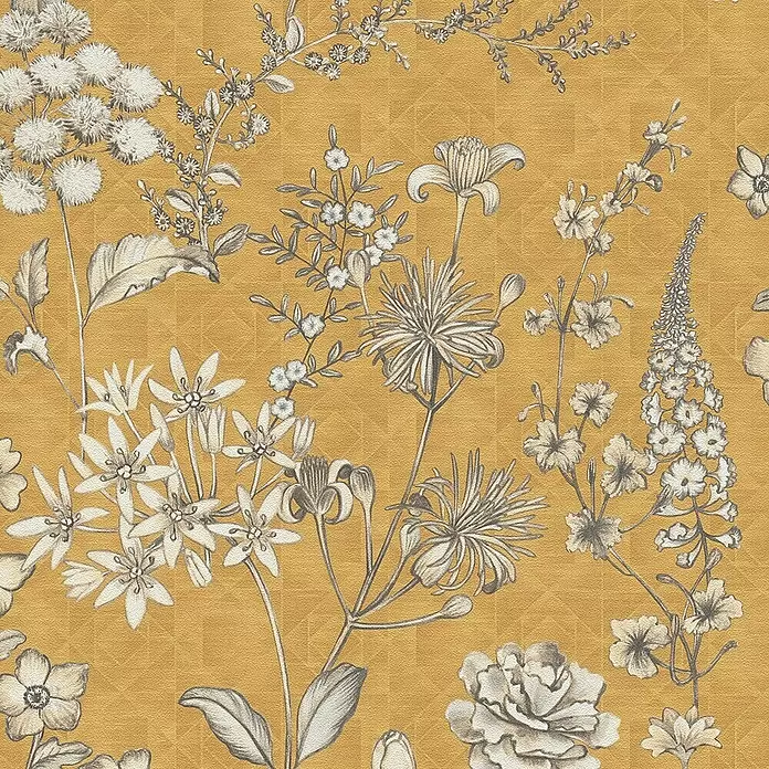A.S. Création Metropolitan Stories Travel Styles Vliestapete Blumen II - Gelb, Floral, 10,05 x 0,53 m - Goldgelbe Tapete mit aufwendigem grau-weißem Blumenmuster. Der Hintergrund hat eine subtile geometrische Textur.