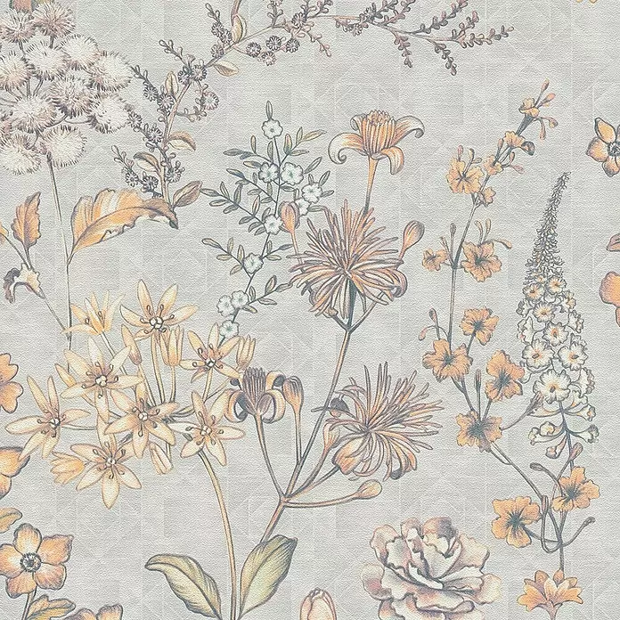 A.S. Création Metropolitan Stories Travel Styles Vliestapete Blumen II - Creme/Blau, Floral, 10,05 x 0,53 m - Botanisches Tapetenmuster mit beigen, orangefarbenen und braunen Blumen, dezenten geometrischen Linien auf einer texturierten Oberfläche.