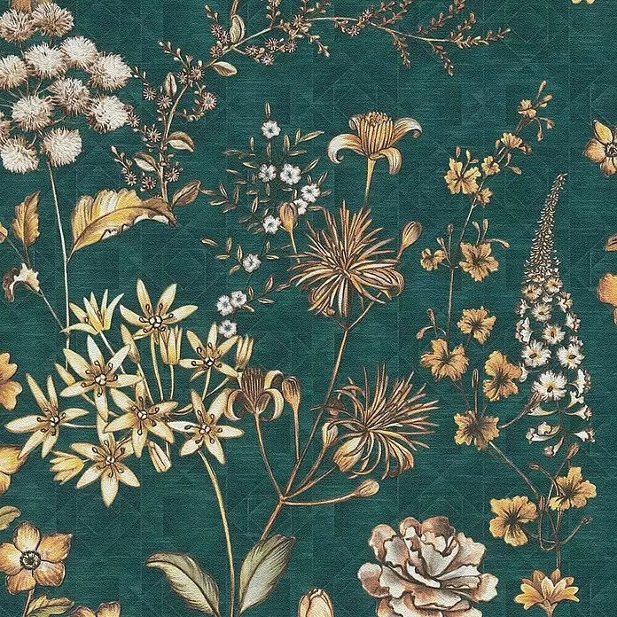 A.S. Création Metropolitan Stories Travel Styles Vliestapete Blumen II - Blau/Gelb, Floral, 10,05 x 0,53 m - Elegantes Blumenmuster mit gold-, braun- und cremefarbenen Blüten und Blättern im Vintage-Stil.