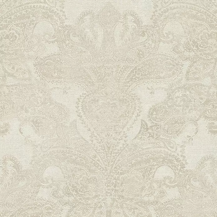 A.S. Création Metropolitan Stories Travel Styles Vliestapete Damask - Creme, Ornament, 10,05 x 0,53 m - Beigefarbene Tapete mit einem dezenten, hellcremefarbenen Damast- und Paisleymuster und texturierter Oberfläche.