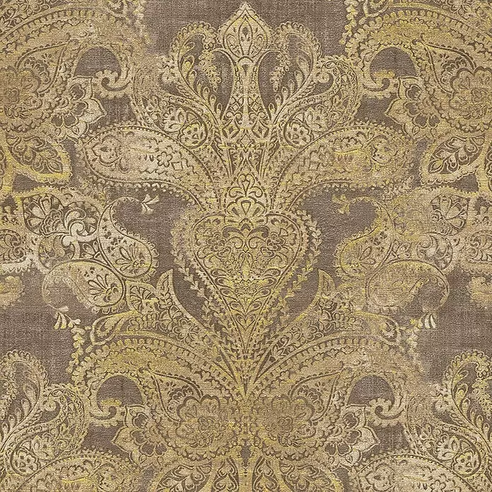 A.S. Création Metropolitan Stories Travel Styles Vliestapete Damask - Gold/Braun, Ornament, 10,05 x 0,53 m - Braunes und goldenes Paisleymuster auf strukturiertem Stoff oder Tapete.