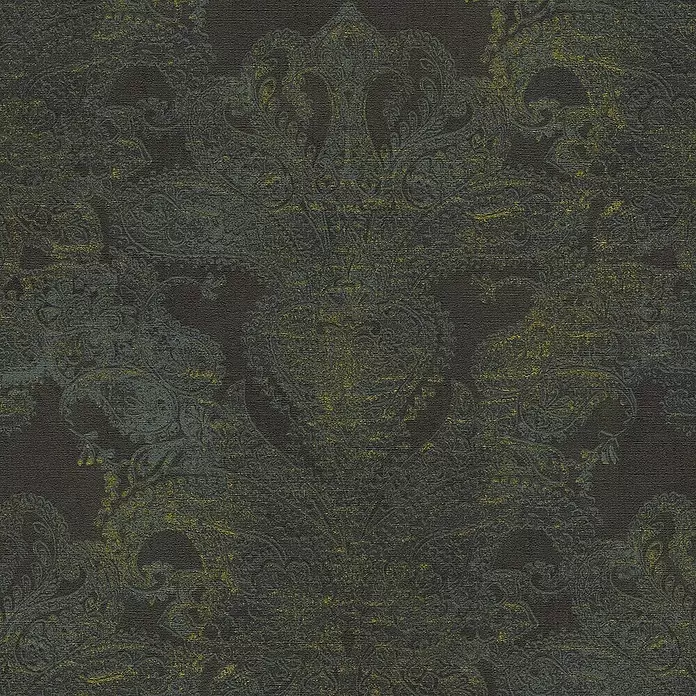 A.S. Création Metropolitan Stories Travel Styles Vliestapete Damask - Schwarz, Ornament, 10,05 x 0,53 m - Dunkelbraune Tapete mit verwittertem Damastmuster in Dunkelblau und Gold.