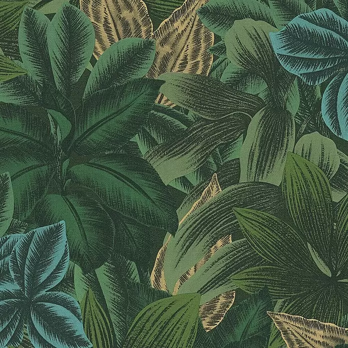 A.S. Création Metropolitan Stories Travel Styles Vliestapete - Grün/Gelb, Floral, 10,05 x 0,53 m - Strukturiertes Grafikmuster dichter tropischer Blätter in Grün-, Blaugrün- und Goldbrauntönen.