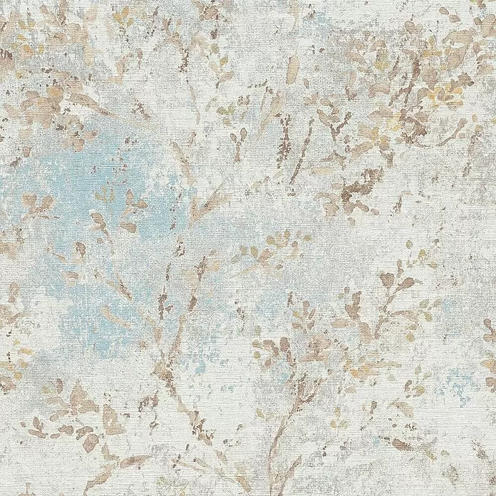 A.S. Création Stories of Life Vliestapete Zweig - Blau-Beige-Gold, Floral, 10,05 x 0,53 m - Strukturierte Tapete mit abstrakten Baumzweigen in Weiß, Blau und Erdtönen, die ein natürliches, ruhiges Design bilden.