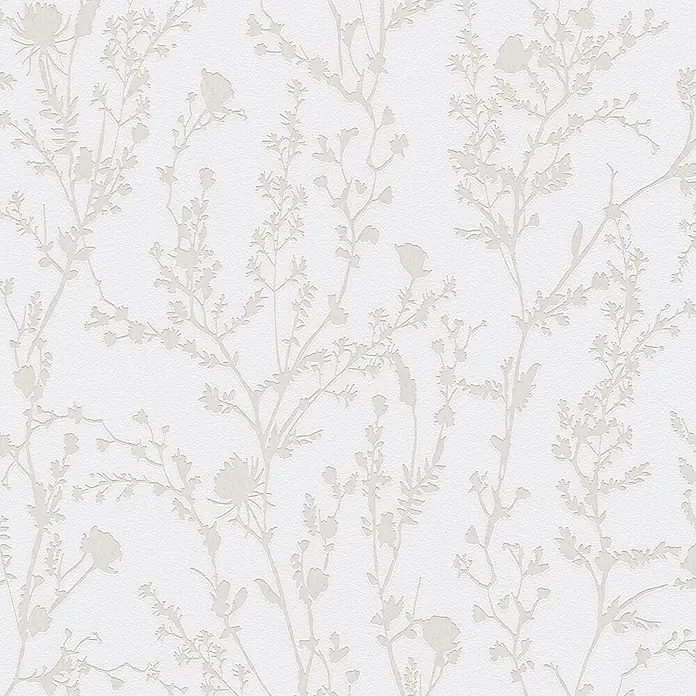 A.S. Création Casual Living Vliestapete - Hellgrau/Weiß, Floral, 10,05 x 0,53 m - Weiße Strukturtapete mit dezentem hellgrauem Pflanzenmuster.