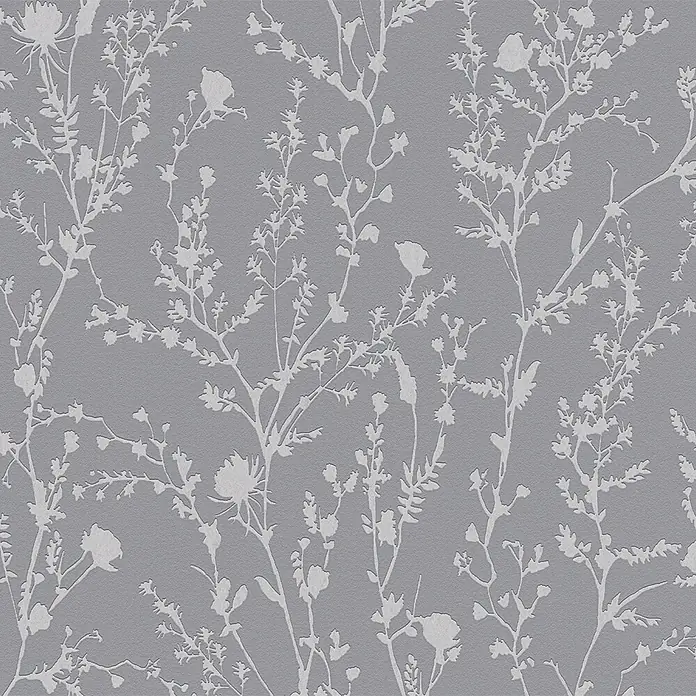 A.S. Création Casual Living Vliestapete - Silbergrau, Floral, 10,05 x 0,53 m - Graue Tapete mit zartem weißem Pflanzenmuster aus schlanken Stielen und Blüten.