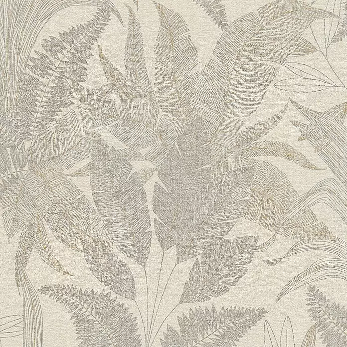 A.S. Création Stories of Life Vliestapete Dschungel - Beige-Gold, Floral, 10,05 x 0,53 m - Beigefarbene Tapete mit strukturiertem Muster aus tropischen Blättern und Farnen in Grau- und Goldtönen.