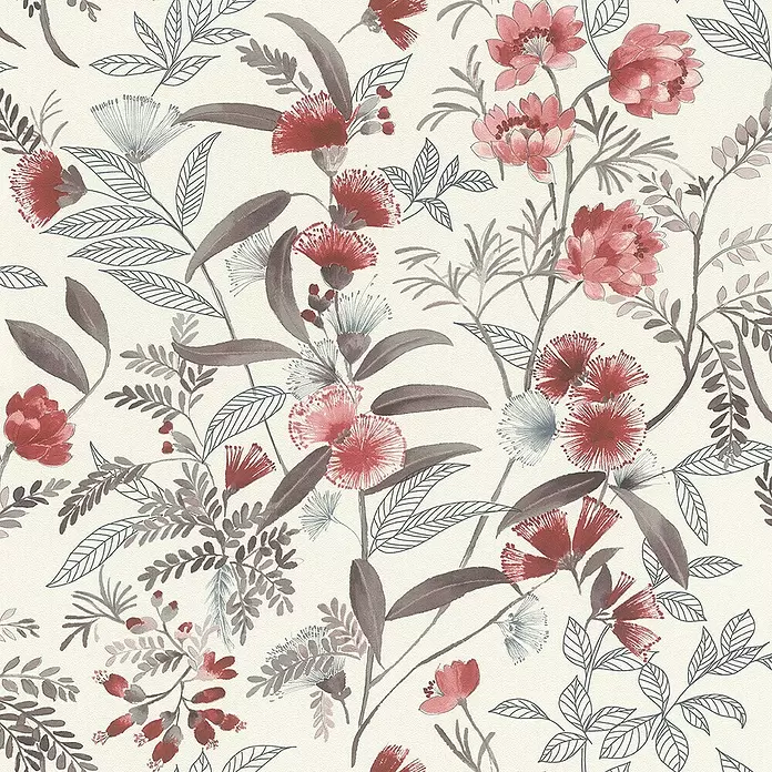 Rasch Symphony Vliestapete Blumen - Dunkelrot, Floral, 10,05 x 0,53 m - Botanisches Aquarellmuster mit roten und rosa Blumen, dunkelgrau-braunen Blättern und umrissenen Blättern.