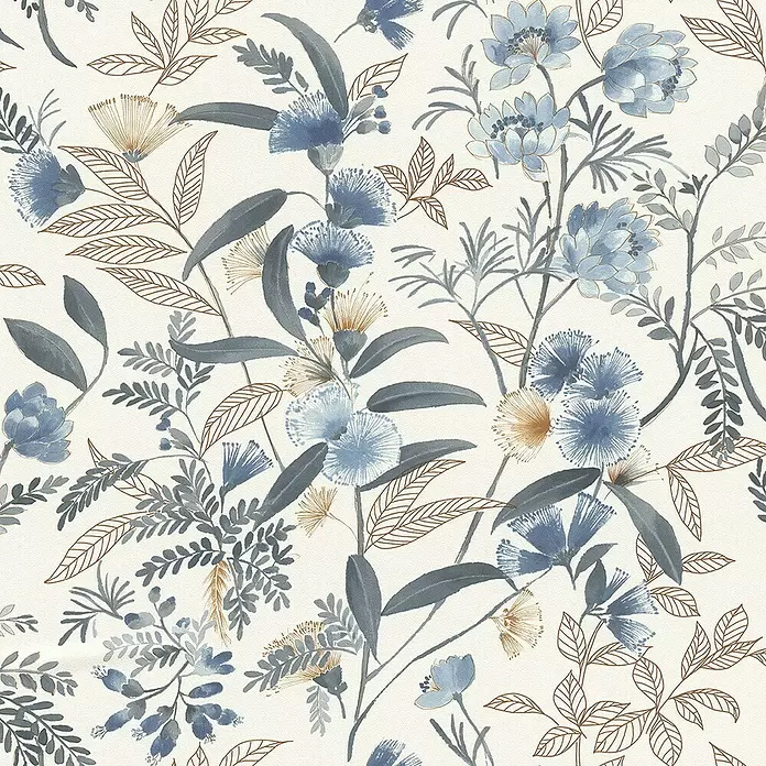 Rasch Symphony Vliestapete Blumen - Hellblau, Floral, 10,05 x 0,53 m - Nahtloses Blumenmuster mit blauen und grauen Aquarellblumen, braunen Umrissblättern.
