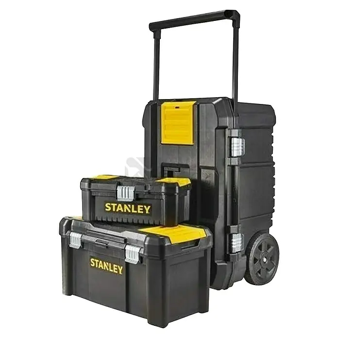 Stanley Juego de cajas de herramientas STST1-81065 - 3 pzs., No incluye herramientas - Juego de cajas de herramientas Stanley: incluye una caja de herramientas con ruedas, una grande y una pequeña. Cajas negras con detalles amarillos.
