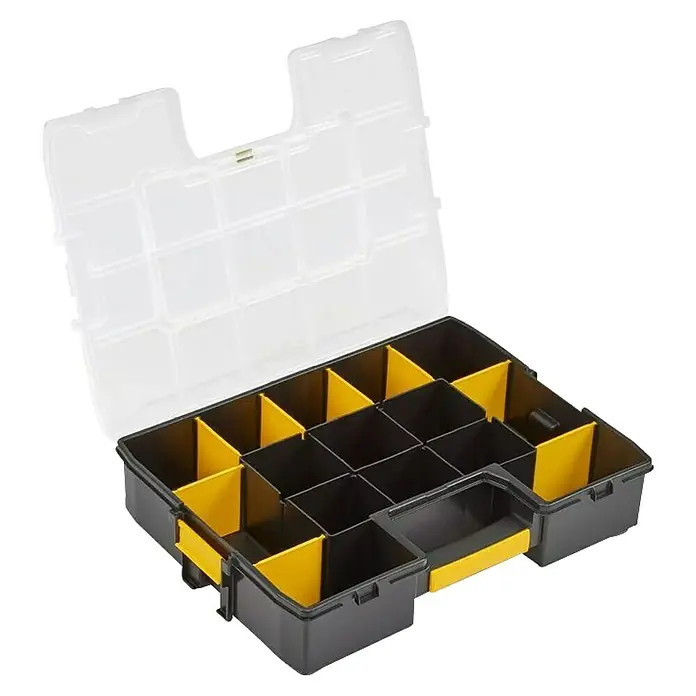 Stanley Estuche para piezas pequeñas Sortmaster - 3 pzs. - Caja organizadora Stanley negra abierta con separadores amarillos y tapa transparente, ideal para guardar piezas pequeñas.
